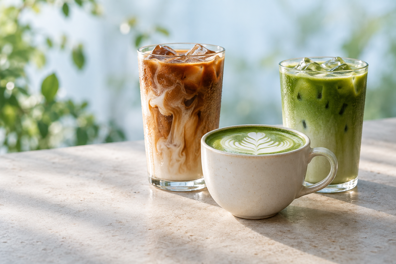 กาแฟลาเต้และมัทฉะสามแก้วบนเคาน์เตอร์หิน ท่ามกลางแสงธรรมชาติ